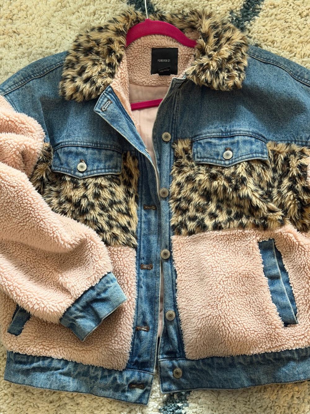 Forever 21 Pink Sherpa & Blue Denim Jacket with Leopard Faux Fur
